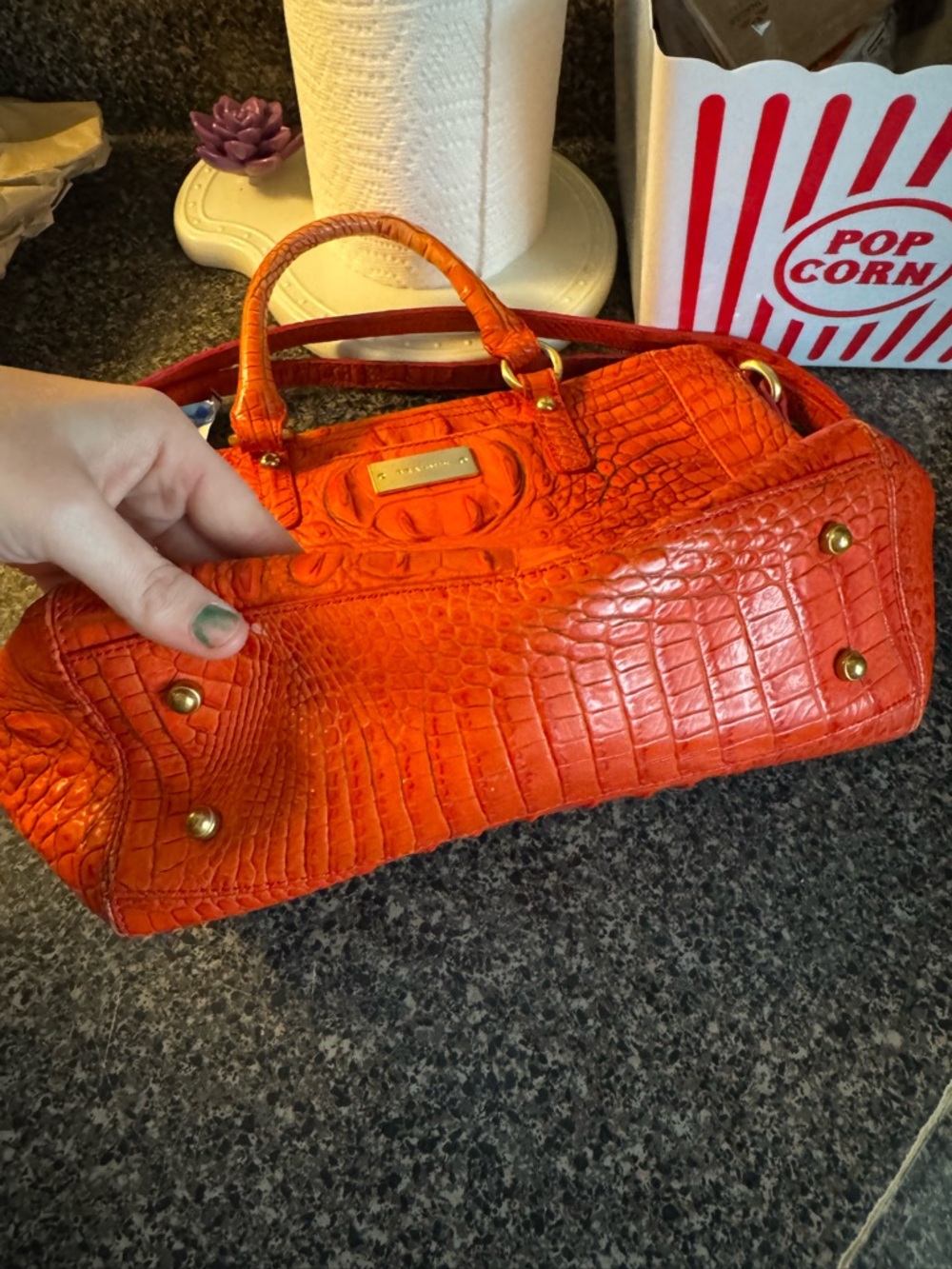 Brahmin Bright Orange Croc-Embossed Leather Satchel - Picture 3 of 15